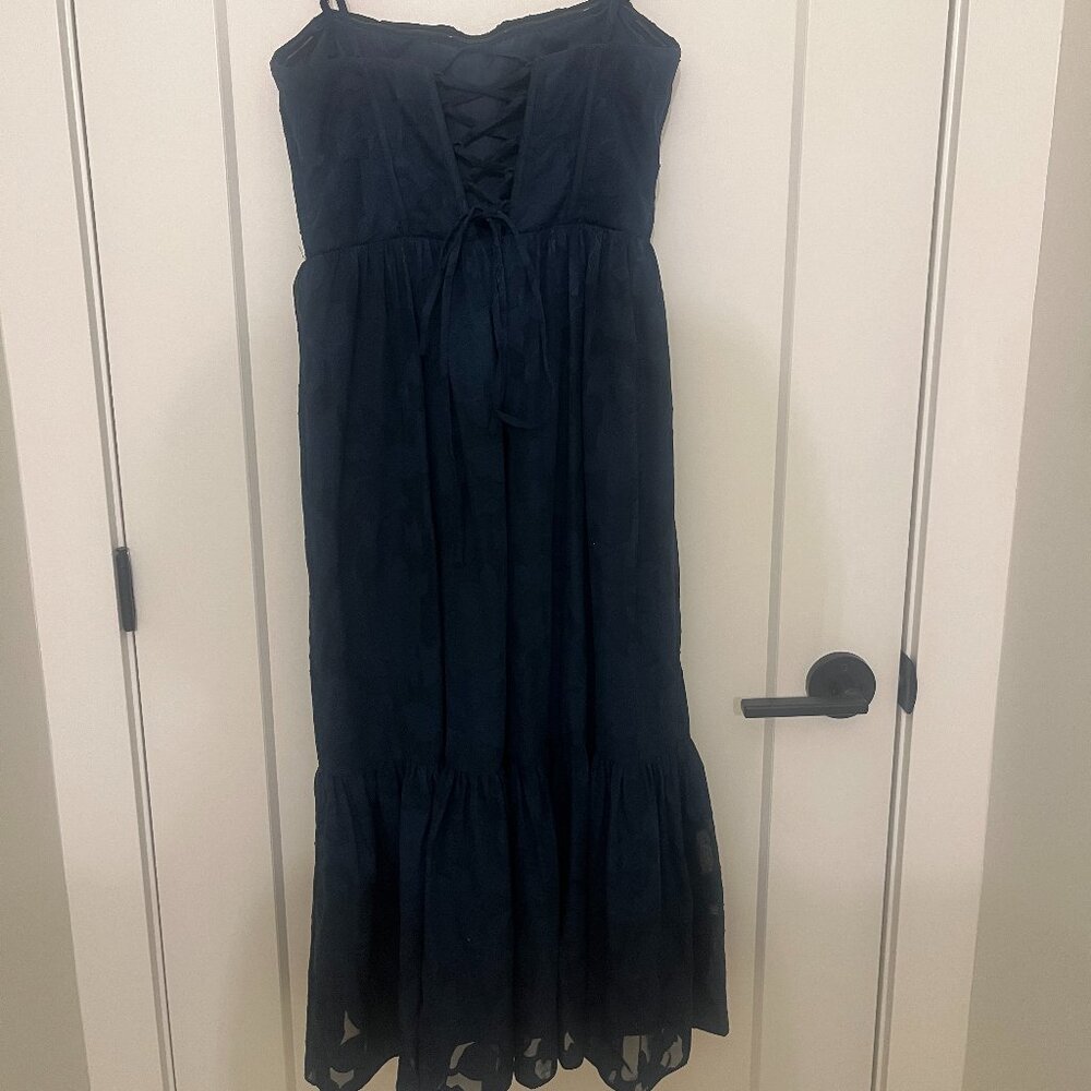 Azazie Navy Strapless Jacquard Tiered Midi Dress - Picture 2 of 5